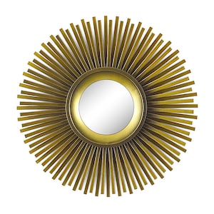 SUNBURST MIRROR • 10&quot;  Flat Multi Level Spikes In A 3D Design • Enameled Resin In Antique Gold & Brass Tones •  Vintage 1980s • RARE !!!