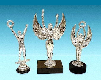Vintage TROPHY FIGURES • Chrome Plated Base Metal • Standing On Painted Wood & Resin Bases • Fun And Whimsical !!!