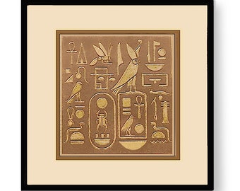 GRAVURES D'ART encadrées de style ÉGYPTIEN antique • Impression de hiéroglyphes 3D en relief • Image de sphinx de style art déco • Art mural rare et vintage des années 1950 • !!!