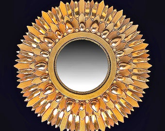 TEARDROP SPIKE Sunburst Mirror • Brand New & Hand Made • Embellished With Bright 18K Gold Plated Elements • Molded Resin, Enameled • OOAK •