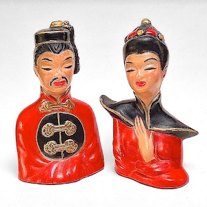 1940s Vintage, ASIAN COUPLE Figures • Very RARE Hand Painted, In Chinese Red & Black w/ Gold Details • Enameled Chalkware / Plaster • A Must