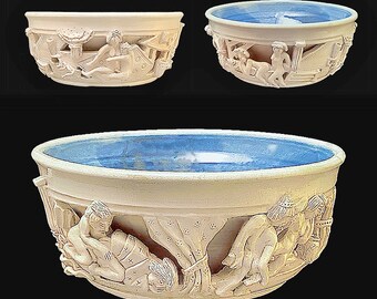 JEFFERY GLOCKSON • OOAK Japanese Erotic Art • A Multi Scene, Double Wall Stoneware Bowl •  Rare And Original Ceramic Art  • Signed & Dated !