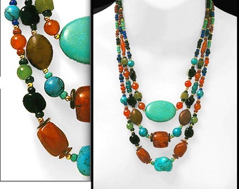 SEMI PRECIOUS STONE Statement Necklace • A Custom Special Order Item • With Turquoise Howlite, Carnelian, Tortoise, Red Jasper • Gift Boxed!