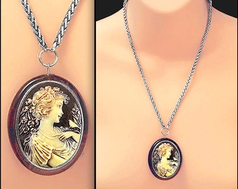 1950s BIRD GODDESS Cameo Pendants • In Resin, Rhodium and Brass • Elegant & Modern • Classic Vintage Style • Free Earrings + Gift Box Too!