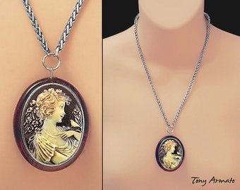 SHEENA • Special Request • 1950s BIRD GODDESS Cameo Pendant • In Resin w/ Rhodium Chain • Vintage Style • Free Earrings + Gift Box Too!