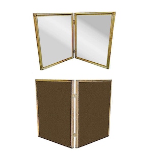 May include: A gold-framed, tri-fold vanity mirror with two mirrored panels and a brown backing. The mirror is shown open and closed, showcasing its design and functionality. The ornate frame adds a touch of elegance.