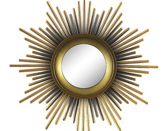 SUNBURST MIRROR • Classic Spikes Design Molded Resin Enameled In Antique Gold & Brass Tones • 10” With 3” Mirror •  Dont Miss This !!!