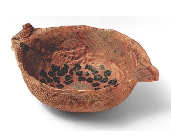 Art Pottery Bowl by Jan Zant • Large, Freeform Earthenware, Accented With A Hand Painted Leopard Print Design • Wood Fired • Signed • 1990s