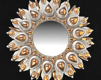 SILVER & GOLD Sunburst Accent Wall Mirror • Enameled In Matte Silver, With 18K Bright Gold Plated Cabachons • A MUST For Your Collection !!!