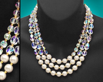 THREE STRAND PEARLS & Aurora Borealis Crystal Classic Mid Century Style Necklace • Signed • O O A K • Includes Free Earrings Too!