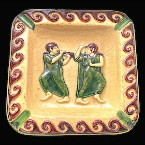 MID CENTURY Ancient Greek Dancers Wall Plaque • Circa 1940s, Repurposed And Restored • Fun, Whimsical & Hand Painted, Glazed. Very RARE !!!