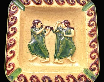 MID CENTURY Ancient Greek Dancers Wall Plaque • Circa 1940s, Repurposed And Restored • Fun, Whimsical & Hand Painted, Glazed. Very RARE !!!