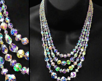 FOUR STRAND IRIDESCENT Aurora Borealis Crystal Statement Necklace • Classic Mid Century Style • Signed • Gift Boxed w/ Free Earrings Too !