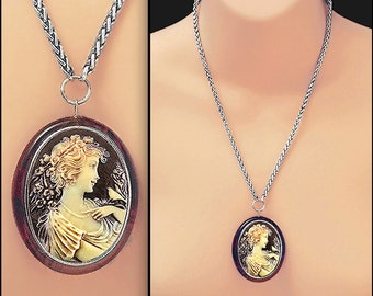 SHEENA • Special Request • 1950s BIRD GODDESS Cameo Pendant • In Resin w/ Rhodium Chain • Vintage Style • Free Earrings + Gift Box Too!