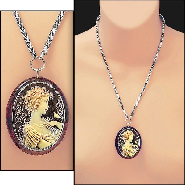 SHEENA • Special Request • 1950s BIRD GODDESS Cameo Pendant • In Resin w/ Rhodium Chain • Vintage Style • Free Earrings + Gift Box Too!