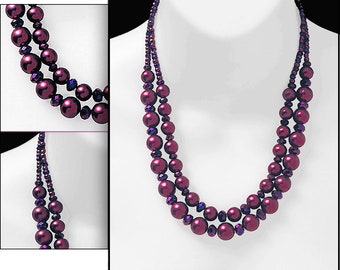 RASPBERRY PEARLS & Crystal • A Two Strand, Limited Edition Statement Necklace • In Burgundy / Cranberry / Wine Color • w/ Free Earrings!