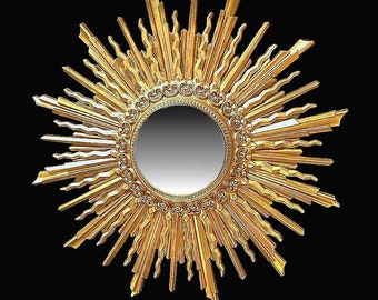 Multi Rays SUNBURST MIRROR • Repurposed, Cast Resin • Hand Enameled In Gold & Brass Tones • 19” w/ 5” Mirror • Classic MCM Design !!! .