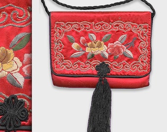 RED SATIN  Hanging Clutch Purse • Classic 1950s Vintage ‘Over The Shoulder’ Clutch Purse,  RARE w/ Embroidered Chinese ‘Double Rose’ Design.