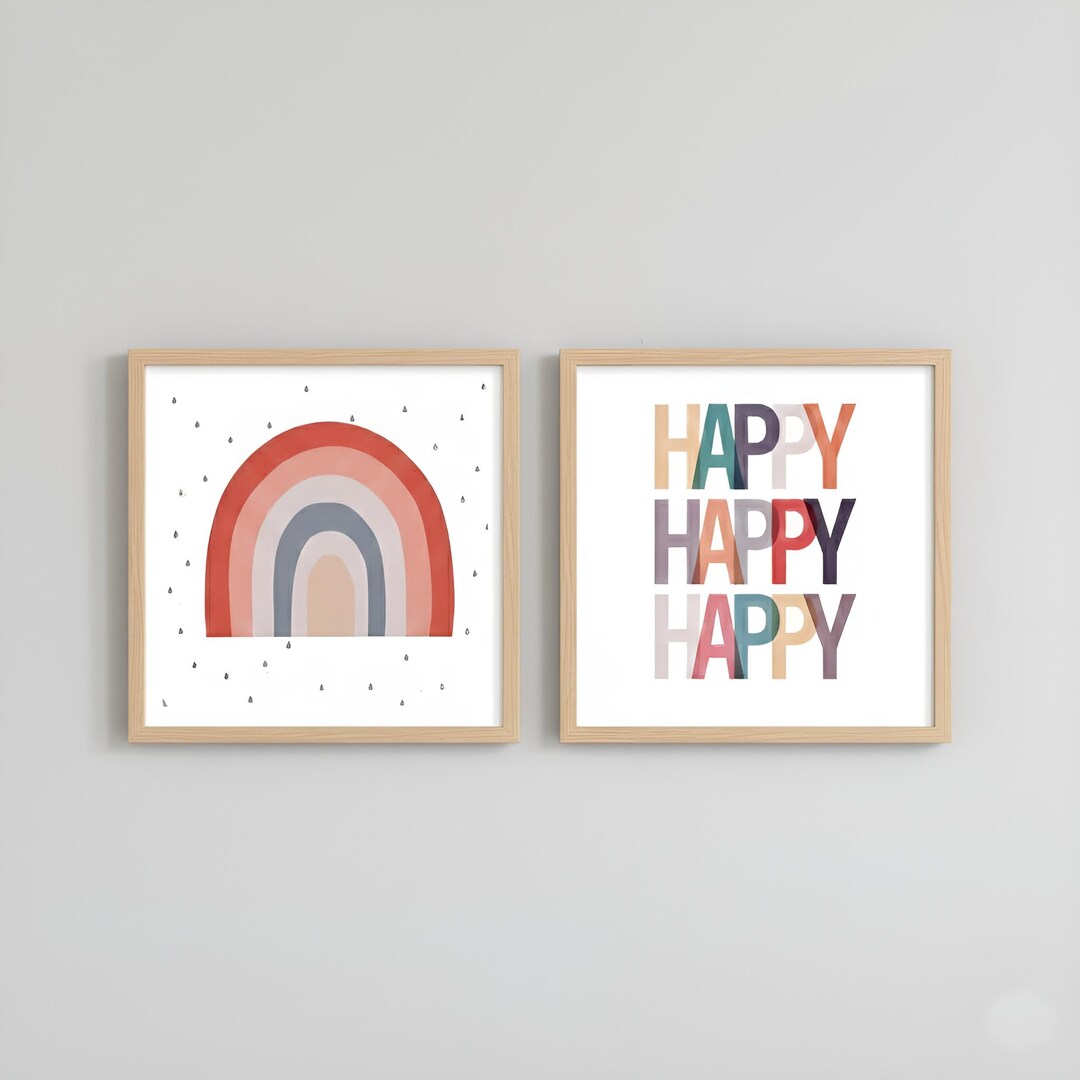 Happy Rainbow Wall Art Set of 2 | Minimalist Nursery Scandinavian Kids ...