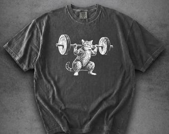 Comfort Colors® Gym Cat Shirt,  Cat Squat Weightlifting Tee, Funny Workout Cat Graphic Tee, Fitness Humor Shirt, Gym Lovers Gift
