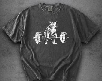 Comfort Colors® Cat Deadlift Shirt, Cat Lifting Weights T-Shirt, Funny Workout Cat Tee, Gym Lovers Gift, Fitness Fans T-shirt