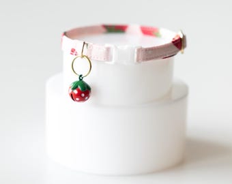 Strawberry Print Cat Collar, Breakaway Kitten Collar with Bell, Cute Fruit Cat Collar, Matching Collar Accessories Available