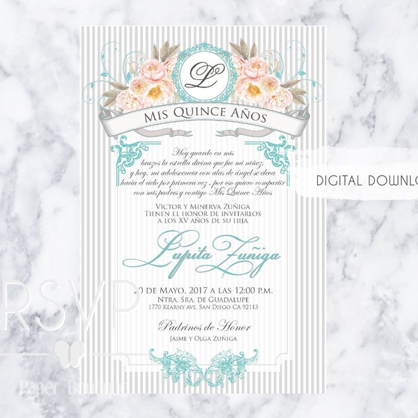 Floral Flowers and Monogram Invitation Quinceanera Sweet Sixteen Debutant  English or Spanish Digital download