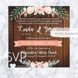 Rustikale Holz und Blumen HochzeitSeinladung druckbare digitale Datei Englisch Spanisch