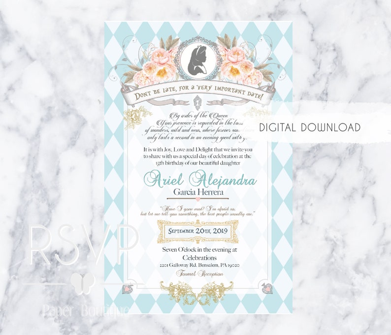 Alice in Wonderland Invitation Quinceanera Sweet Sixteen Debutant