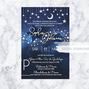 Quinceanera Sweet Sixteen printable invitation moon and stars design English | Spanish