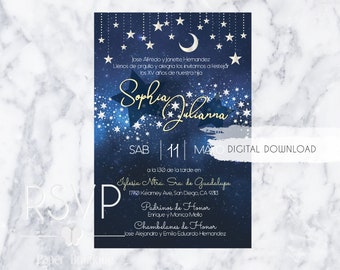 Quinceanera Sweet Sixteen printable invitation moon and stars design English | Spanish
