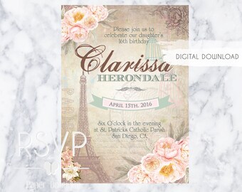 Vintage Paris Quinceanera Sweet Sechzehn druckbare Einladung Blumen Design Englisch | Spanisch
