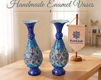 Handmade Persian Mina Kari, set of 2 Vases | Blue Enamel Art Vase | Traditional Persian art | Hand Painted Decorative Floral Vase | H. 20 cm