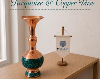 Luxury Handmade Persian Copper and Turquoise Vase, Home Decor. Gift for her. H. 20 cm.