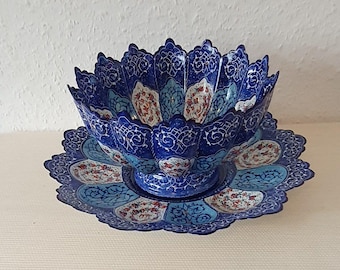 Handmade Persian Enamel Bowl and Plate Set, Minakari Art Decorative Display. Plate diameter 25 cm. Bowl diameter 18 cm.
