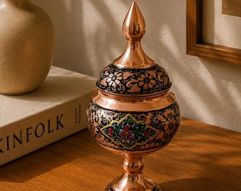 Handmade Persian Copper Candy Dish – Floral Lidded Bowl, Ghalamzani Art (22 cm)
