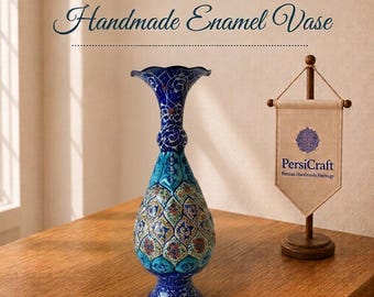 Handmade Persian Mina Kari Vase | Blue Enamel Art Vase | Traditional Persian art | Hand Painted Decorative Floral Vase |  H.20 cm