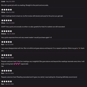 May include: A collection of eight customer reviews displayed on a dark background, each featuring a five-star rating. The text includes names such as Linda, Olivia, Delena, and Nori, with dates ranging from March to May 2026, detailing feedback on reading services.