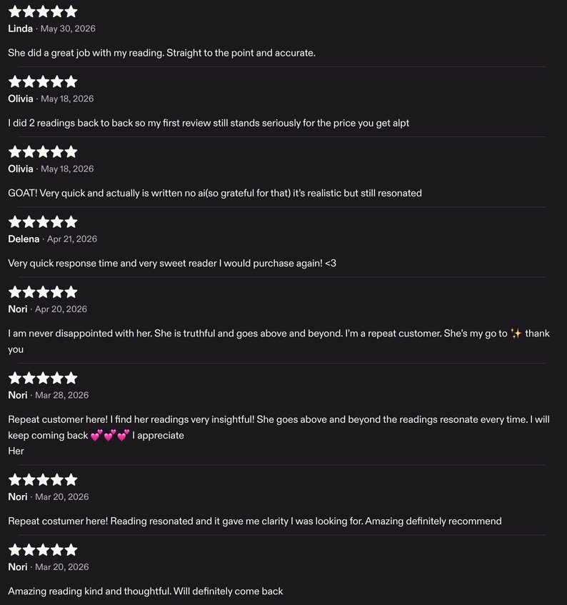 May include: A collection of eight customer reviews displayed on a dark background, each featuring a five-star rating. The text includes names such as Linda, Olivia, Delena, and Nori, with dates ranging from March to May 2026, detailing feedback on reading services.