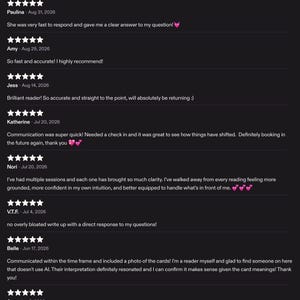 May include: A collection of ten five-star customer reviews displayed on a dark background. Each review includes the reviewer's name, the date, and text praising the speed, accuracy, and clarity of the service provided, with some including emojis.