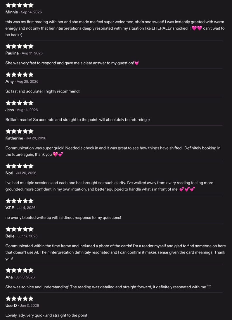 May include: A collection of ten five-star customer reviews displayed on a dark background. Each review includes the reviewer's name, the date, and text praising the speed, accuracy, and clarity of the service provided, with some including emojis.