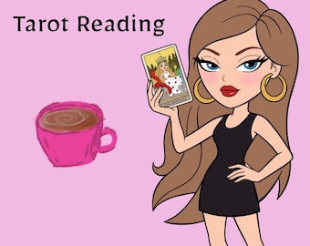 May include: A digital illustration on a light pink background featuring the text Get the Tea Tarot Reading, a bright pink teacup filled with brown liquid, and a cartoon character with long brown hair wearing a black dress and gold hoop earrings.