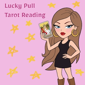 May include: A cartoon illustration of a character with long brown hair, wearing a black dress and gold hoop earrings, holding a tarot card labeled The Empress. The pink background features yellow hand-drawn stars and the text Lucky Pull Tarot Reading.