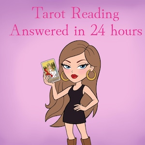 May include: A cartoon illustration of a character with long brown hair, wearing a black dress and gold hoop earrings, holding a tarot card. The text above reads Tarot Reading Answered in 24 hours against a solid light purple background.