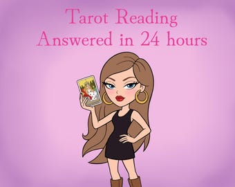 May include: A cartoon illustration of a character with long brown hair, wearing a black dress and gold hoop earrings, holding a tarot card. The text above reads Tarot Reading Answered in 24 hours against a solid light purple background.