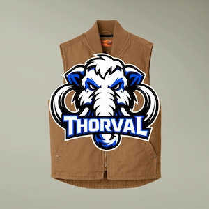 May include: A brown vest with a collar and two front pockets. The vest features a logo with a white mammoth design and the word "THORVAL" in blue and white.