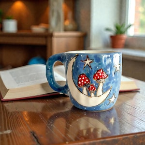 Tazza Mystic Moon & Mushroom – Tazza in ceramica fatta a mano, tema invernale, 180 ml