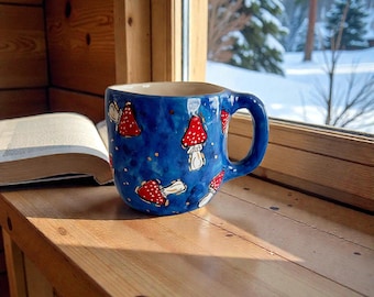 Handmade Mushroom  Ceramic Mug – Hand Painted Blue Cup