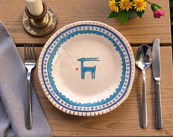 Handmade Ceramic Dinner Plate, Anatolian Deer Design, Gold Detail (22 cm)