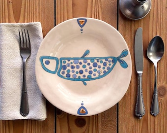 Handmade Ceramic Dinner Plate, Blue Fish Design, 22 cm